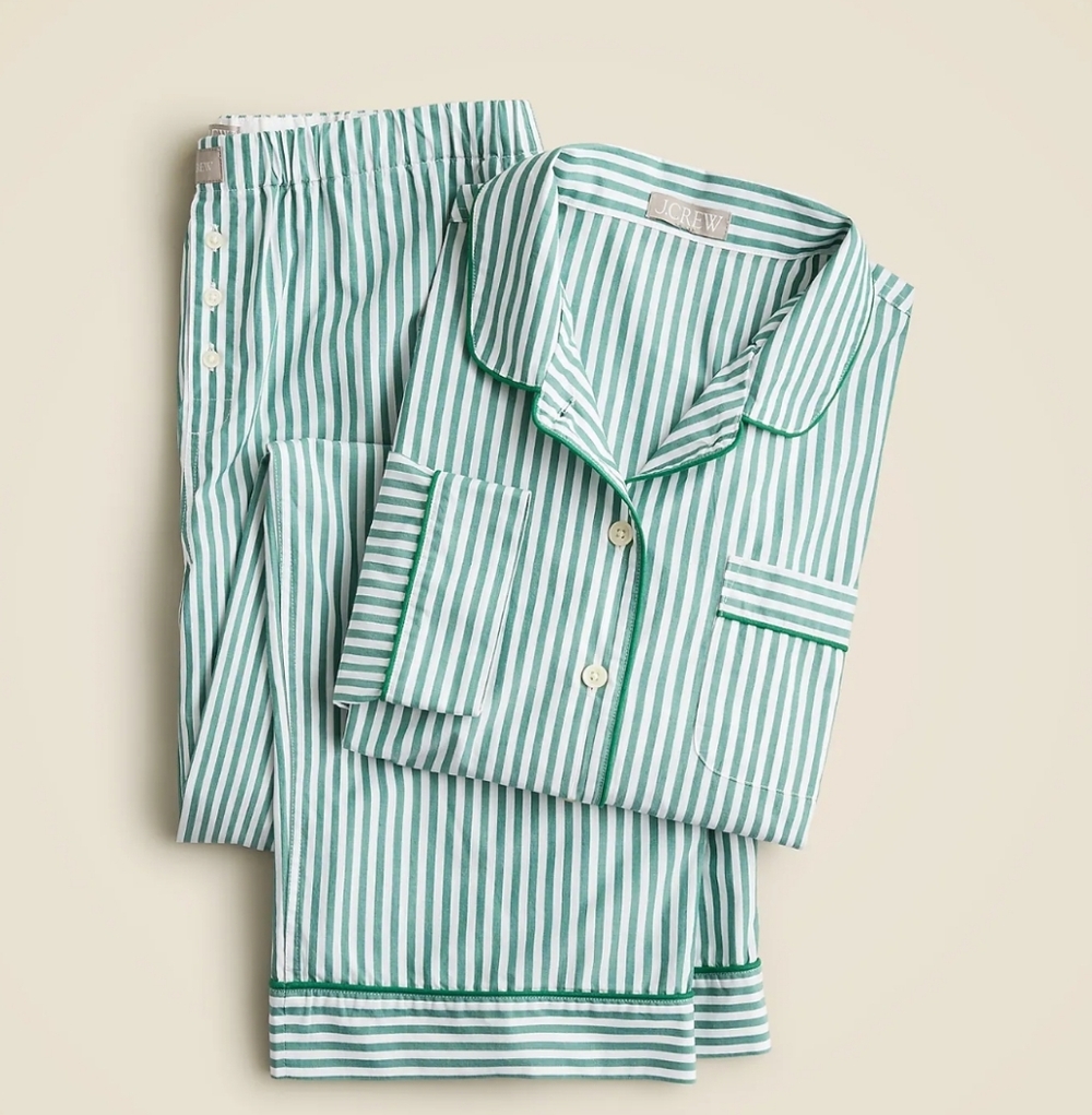 NWT J.Crew Trevor Long Sleeve Stripe Poplin Pajama Set Jungle Green Cotton Pj